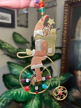 Whimsical Artisan Handmade Mixed Metal Unicycling Santa Christmas Ornament